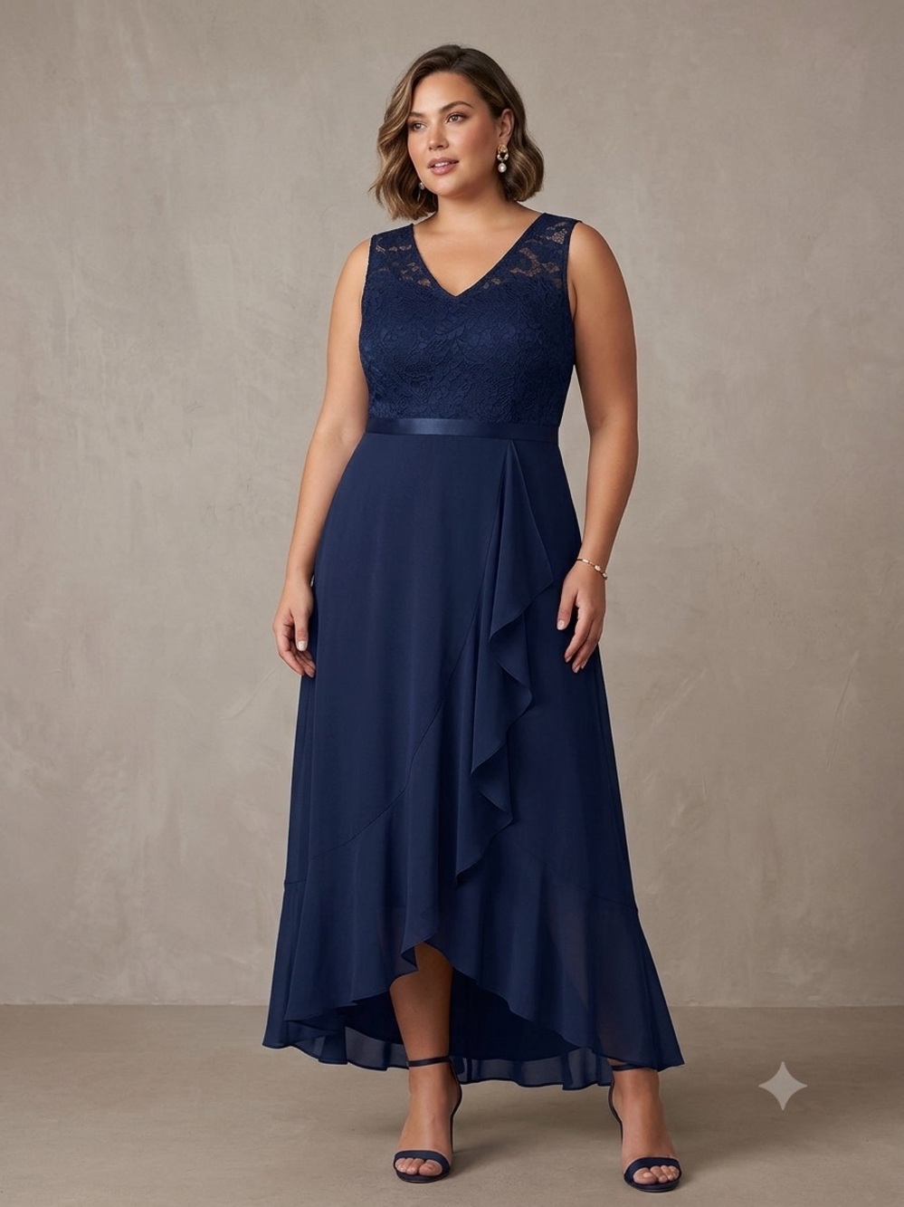 Meetjen‎ Plus-Size Navy Lace & Chiffon V-Neck Dress